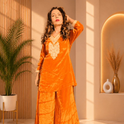 Women's Orange Velvet Embroidered Suit Set with Palazzo