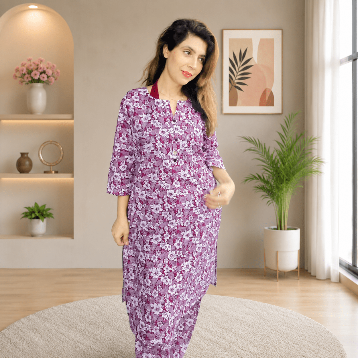 Women Floral Printed Pure Cotton Tunic & Trousers Co-Ord Set - Image 3