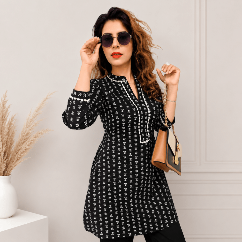 Black Floral Printed Cotton Kurti