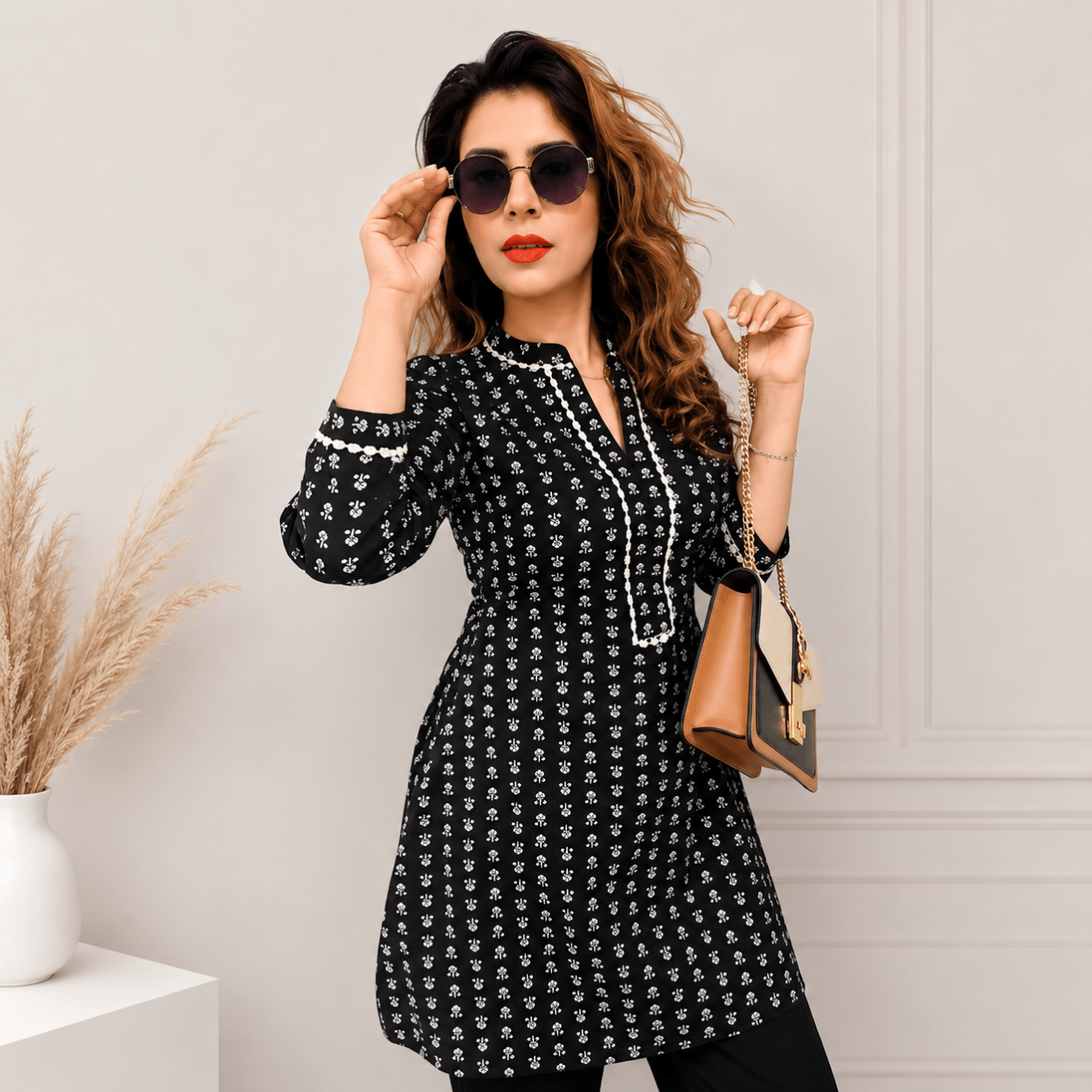 Black Floral Printed Cotton Kurti