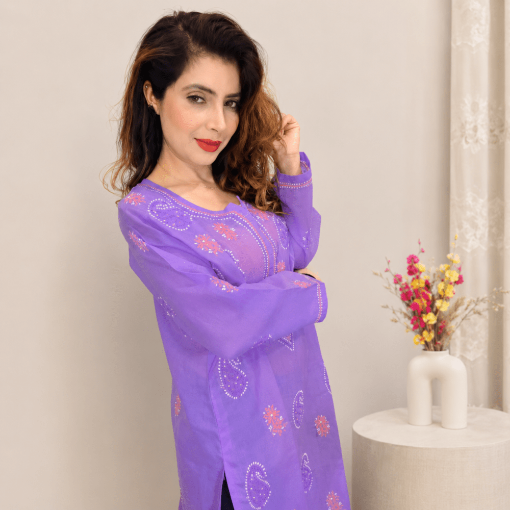 Women's Purple Lucknowi Chikankari Embroidered Cotton Straight Kurta