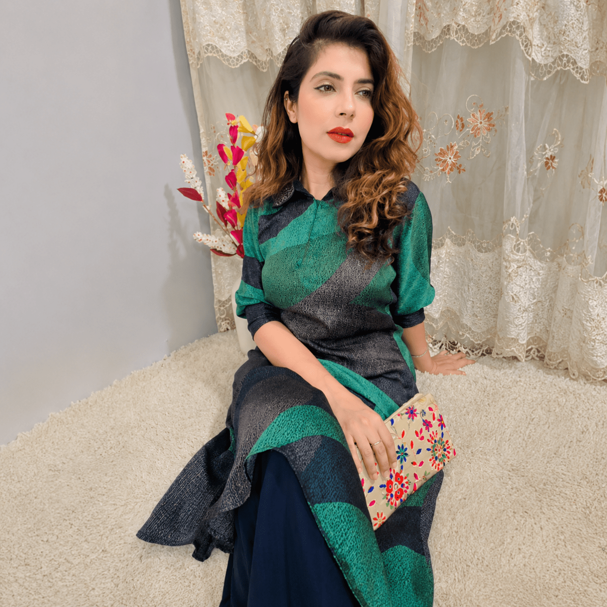 Women's Emerald Green Geometric Printed A-Line Kurta Set with Straight Pants