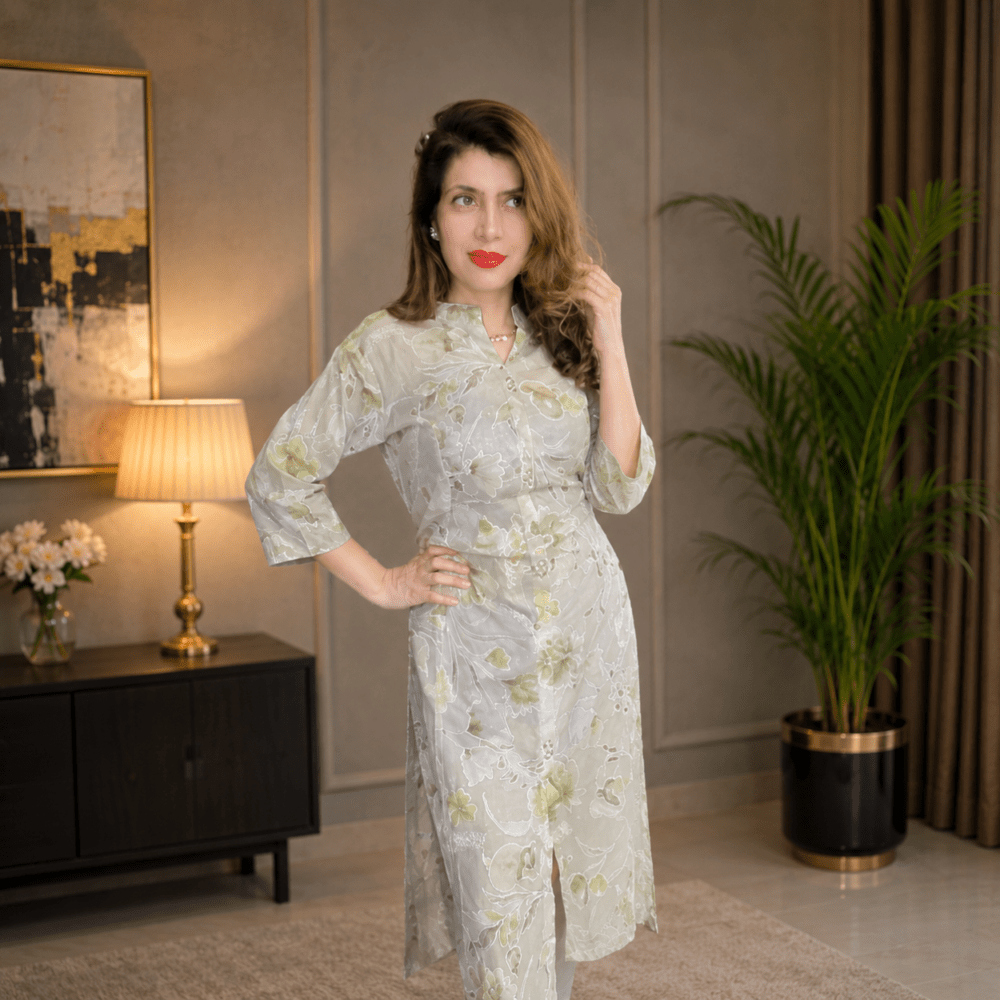 Floral Print Mandarin Collar Kurta Dress