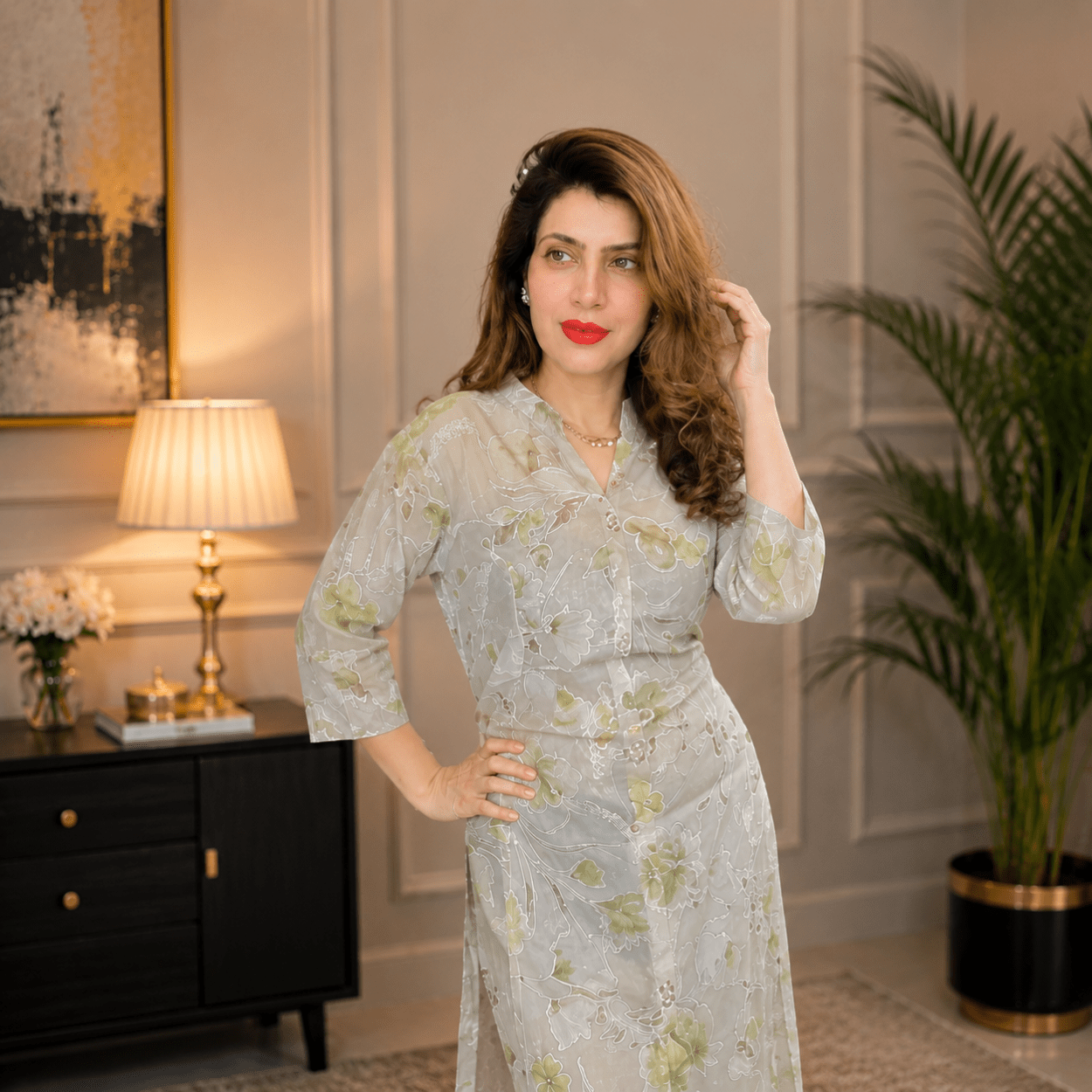 Floral Print Mandarin Collar Kurta Dress - Image 3