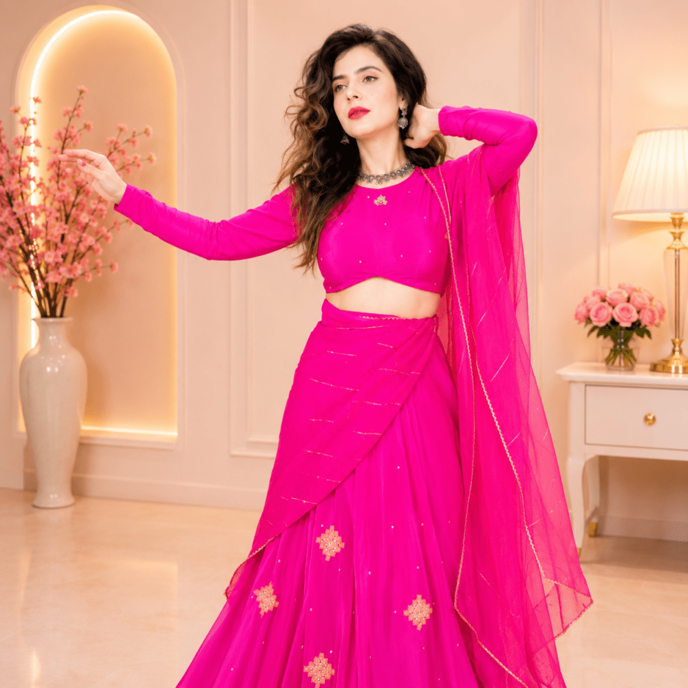 Rani Pink Solid Lehenga Choli with Dupatta