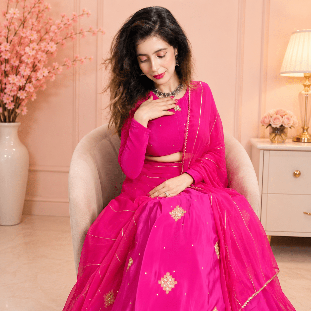Rani Pink Solid Lehenga Choli with Dupatta - Image 2
