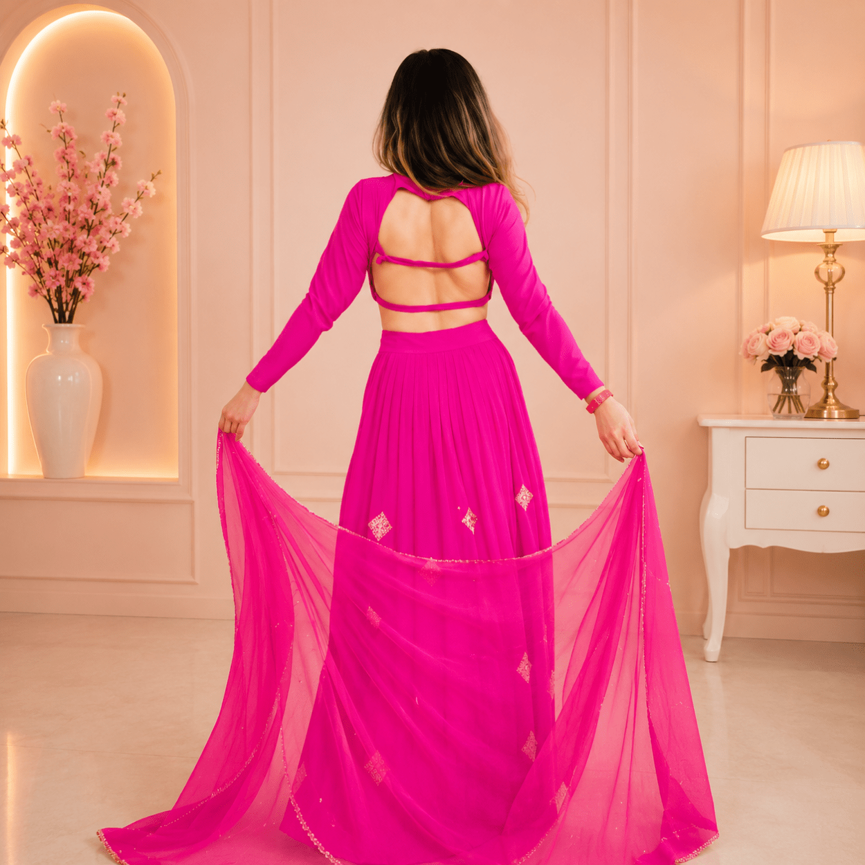 Rani Pink Solid Lehenga Choli with Dupatta - Image 3