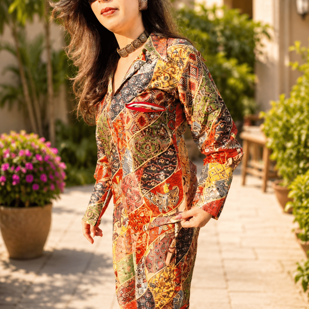 Women Multicolor Ethnic Motifs Printed Mandrin Collar Regular Top with Trousers Co-Ord Set - Image 2
