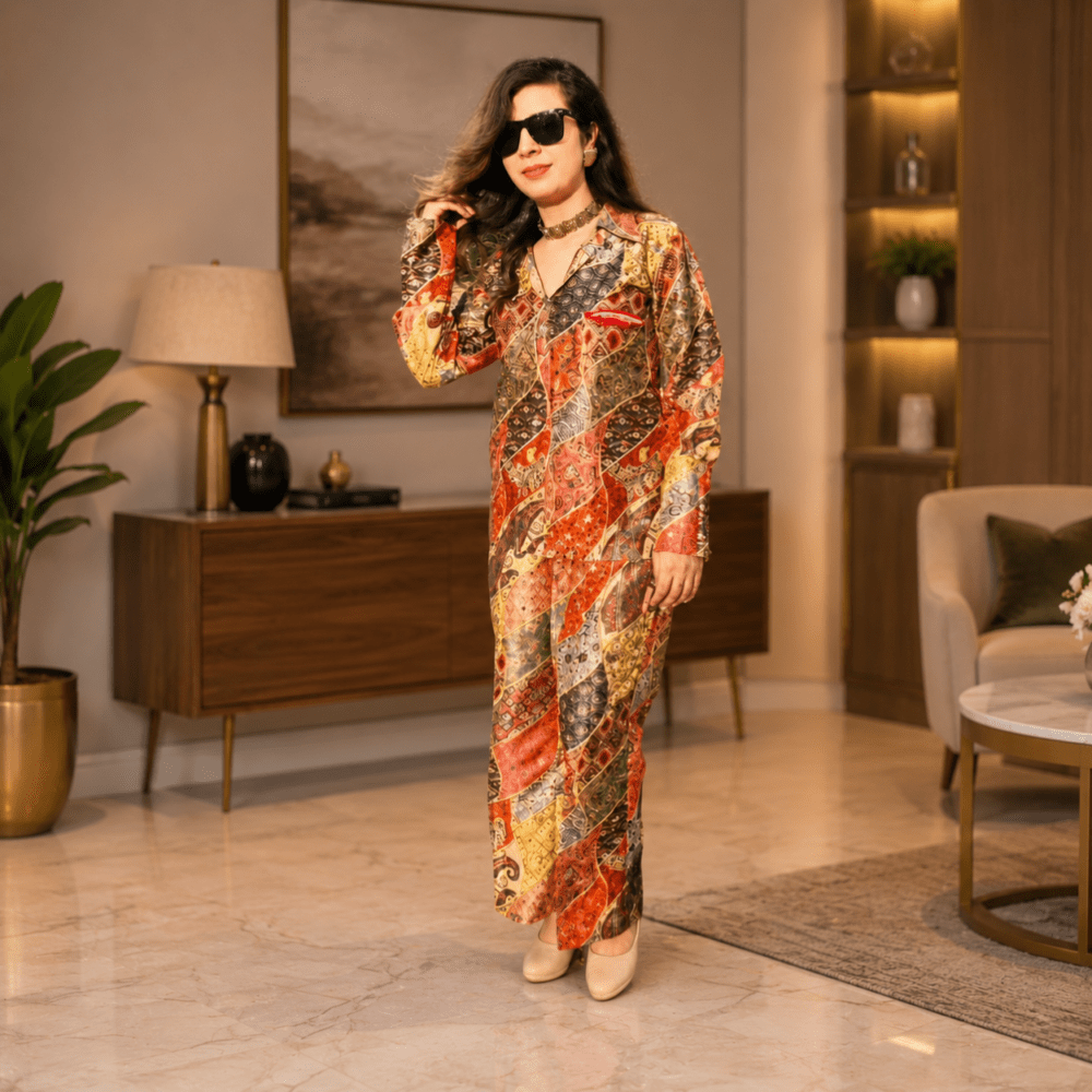 Women Multicolor Ethnic Motifs Printed Mandrin Collar Regular Top with Trousers Co-Ord Set