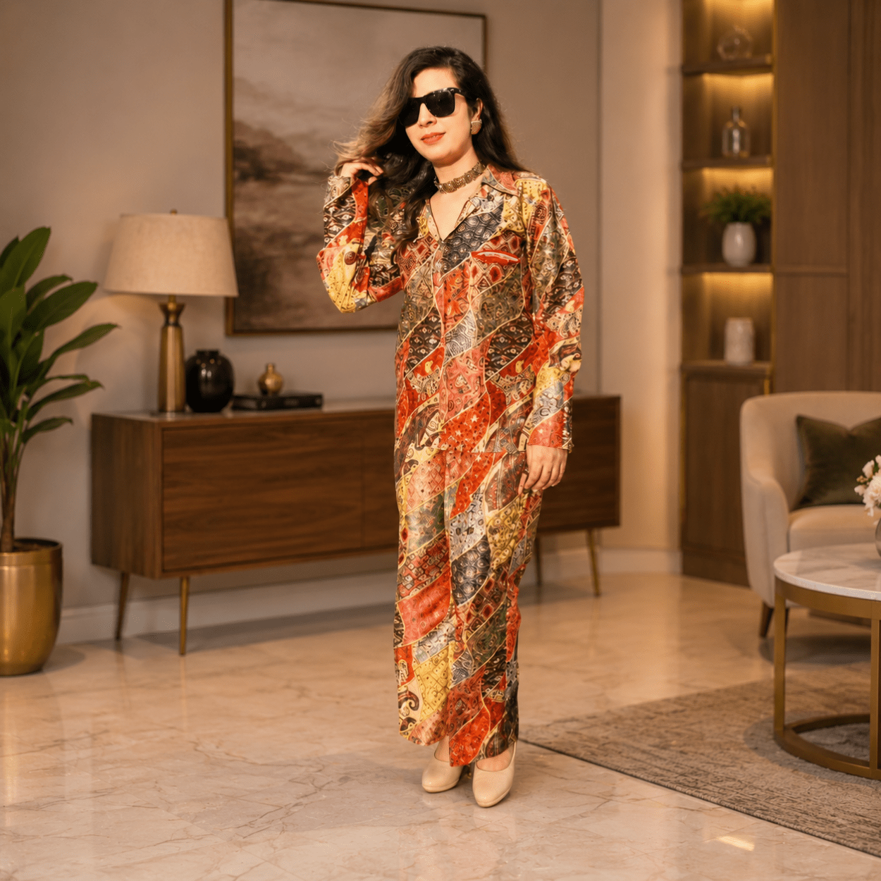 Women Multicolor Ethnic Motifs Printed Mandrin Collar Regular Top with Trousers Co-Ord Set