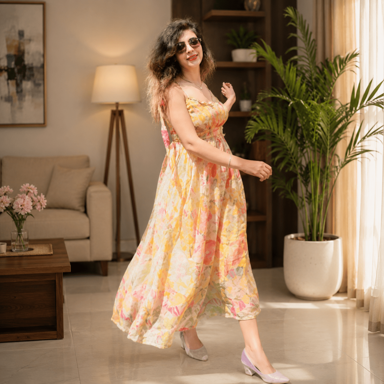 Women's Peach Floral Printed Summer Maxi Dress - Image 2