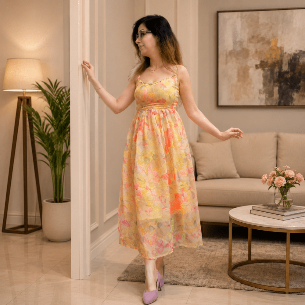 Women's Peach Floral Printed Summer Maxi Dress