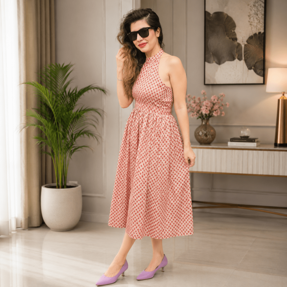 Women's Blush Pink Halter Neck Printed Maxi Dress