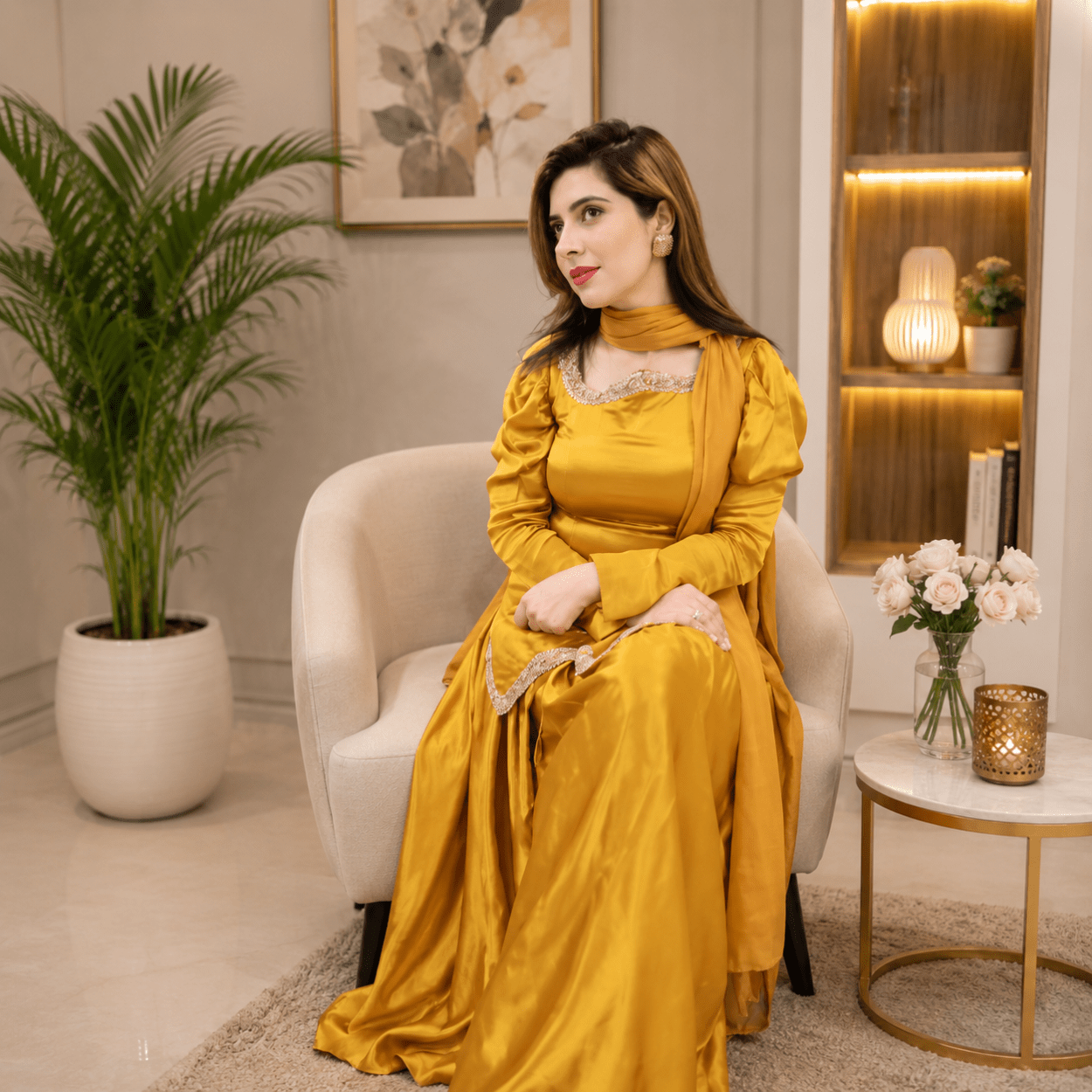 Mustard Satin Designer Suit with Flare Skirt & Dupatta - Image 4