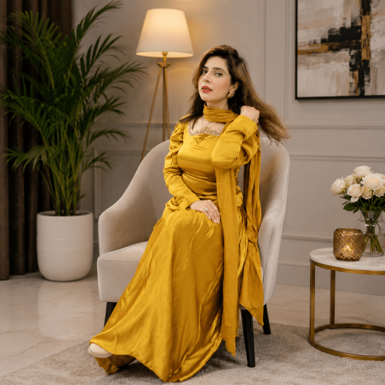 Mustard Satin Designer Suit with Flare Skirt & Dupatta - Image 5