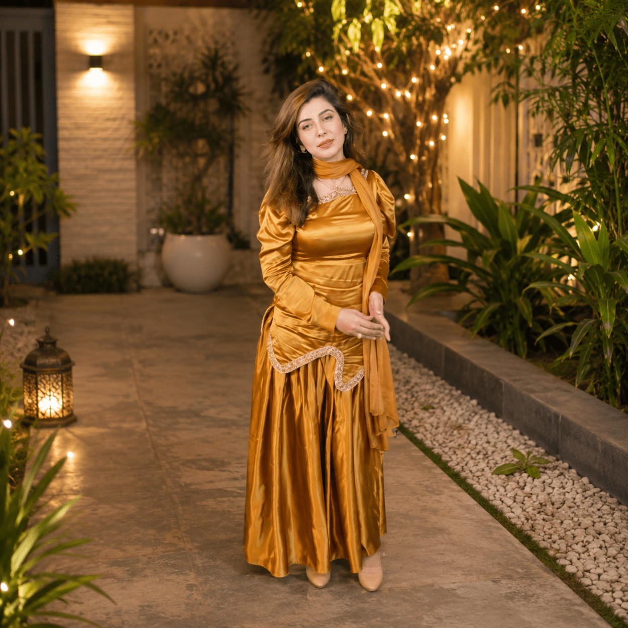 Mustard Satin Designer Suit with Flare Skirt & Dupatta - Image 2