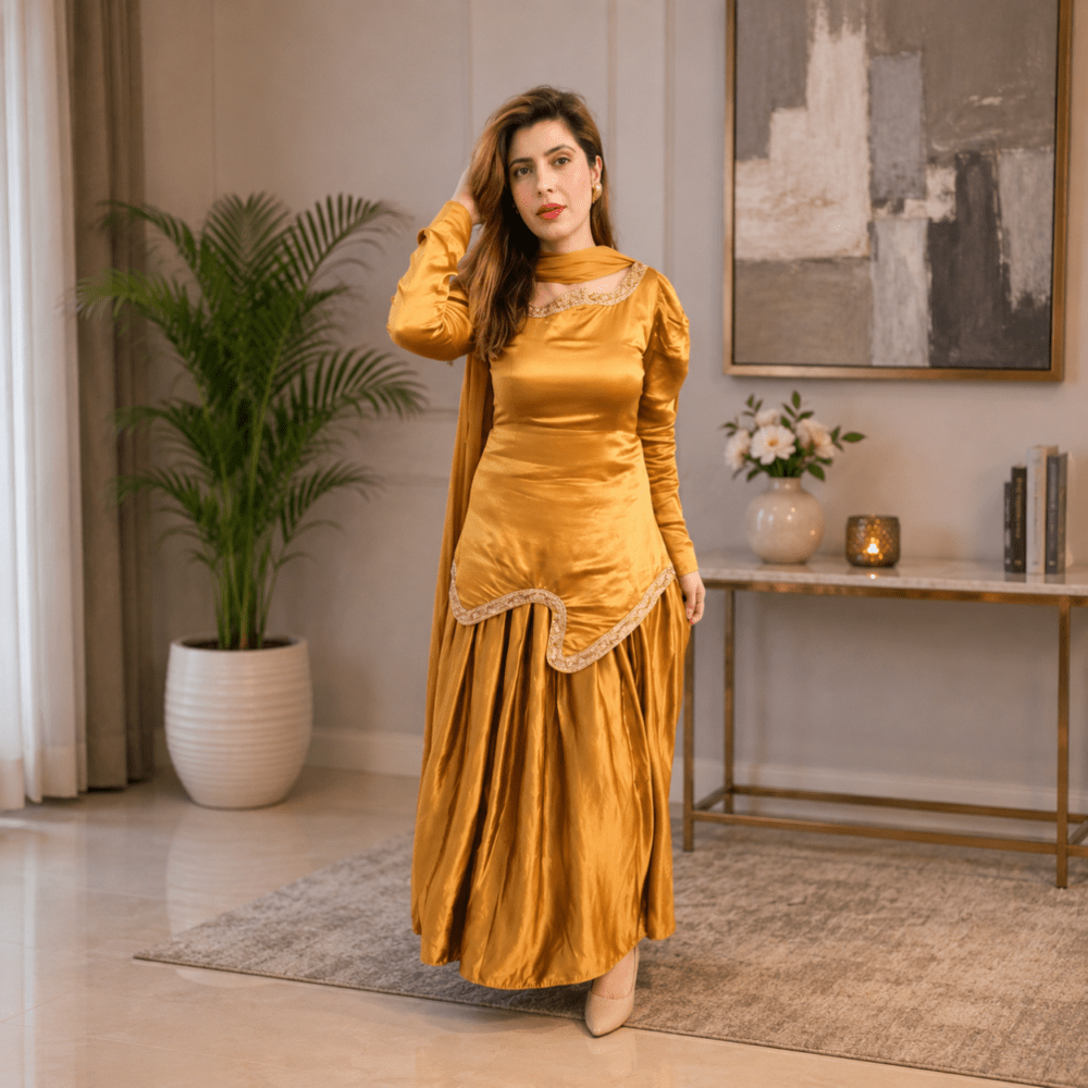 Mustard Satin Designer Suit with Flare Skirt & Dupatta