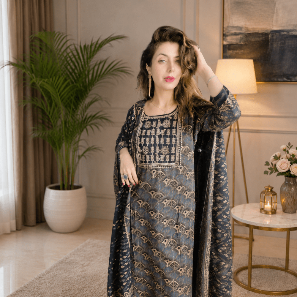 Women's Navy Blue Printed Kurta Dupatta Set