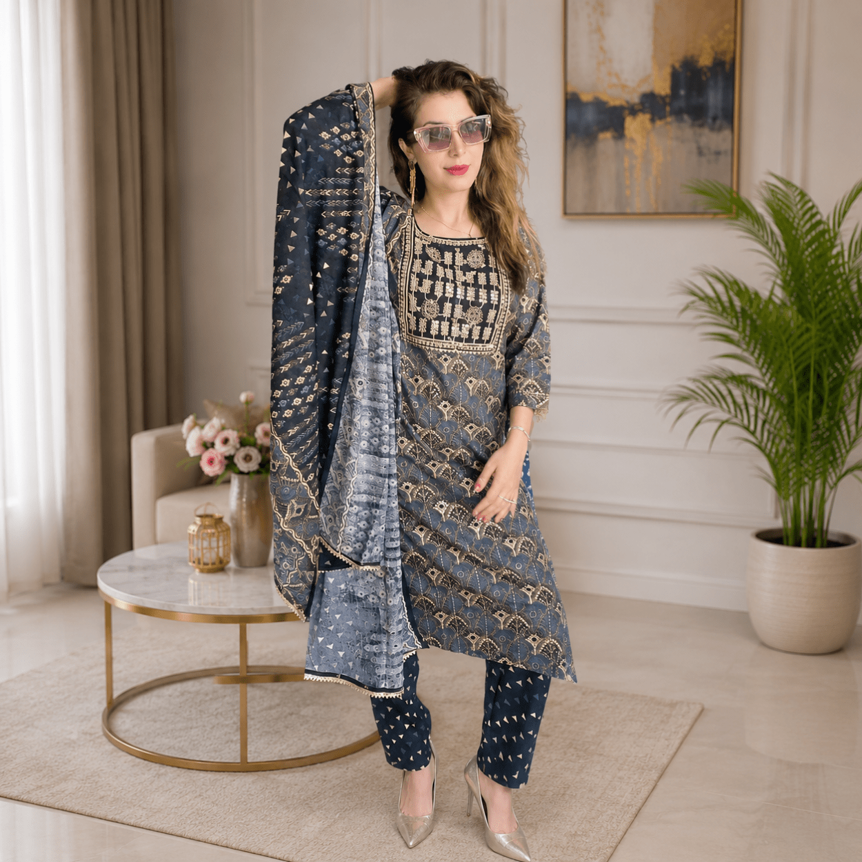 Women's Navy Blue Printed Kurta Dupatta Set - Image 2