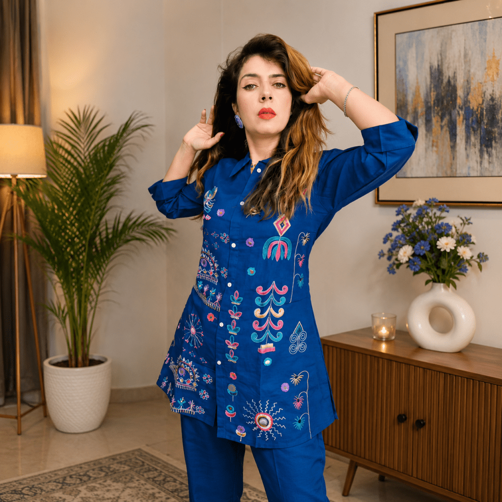Women Blue Ethnic Motifs Embroidered Shirt Tunic with Trousers Co-Ord Set