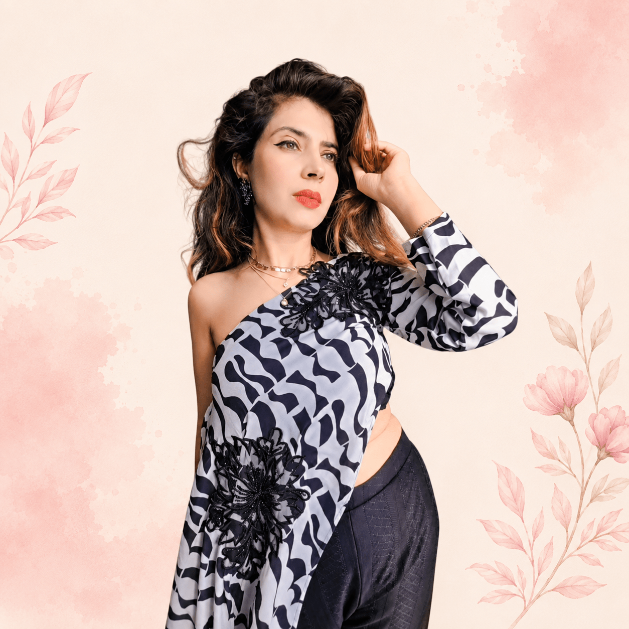Indo-Western 3-Piece Co-Ord Set – One-Shoulder Abstract Print Cape with Padded Blouse and Shimmer Trousers - Image 3