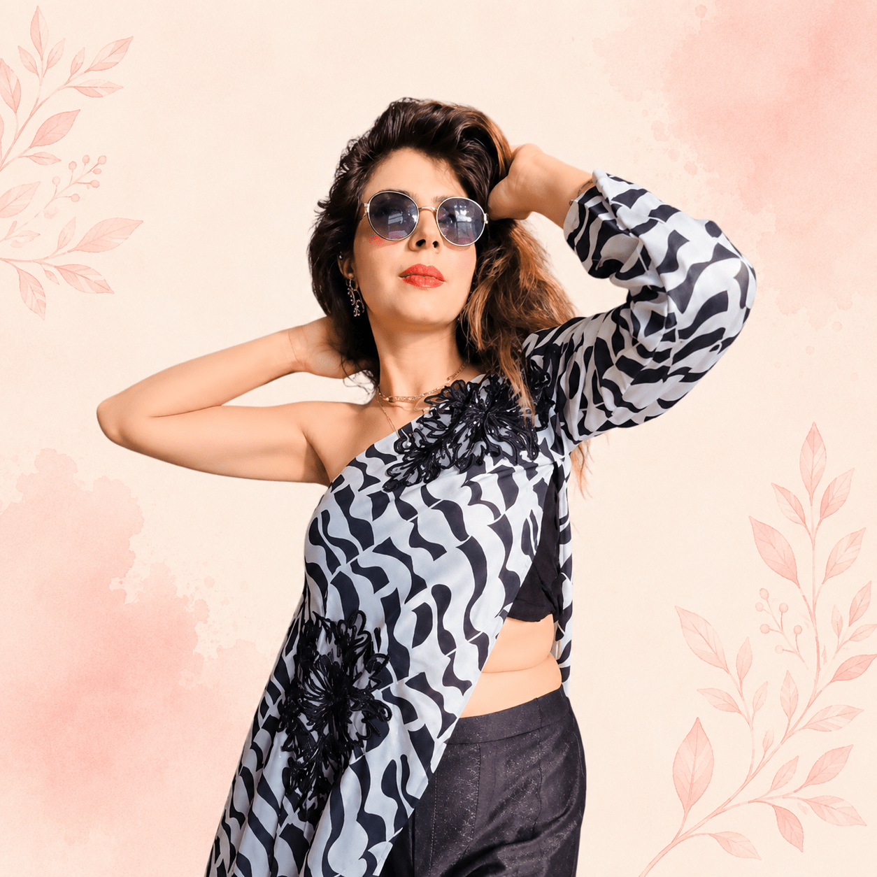 Indo-Western 3-Piece Co-Ord Set – One-Shoulder Abstract Print Cape with Padded Blouse and Shimmer Trousers - Image 2