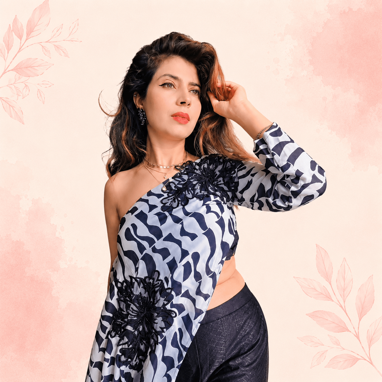 Indo-Western 3-Piece Co-Ord Set – One-Shoulder Abstract Print Cape with Padded Blouse and Shimmer Trousers