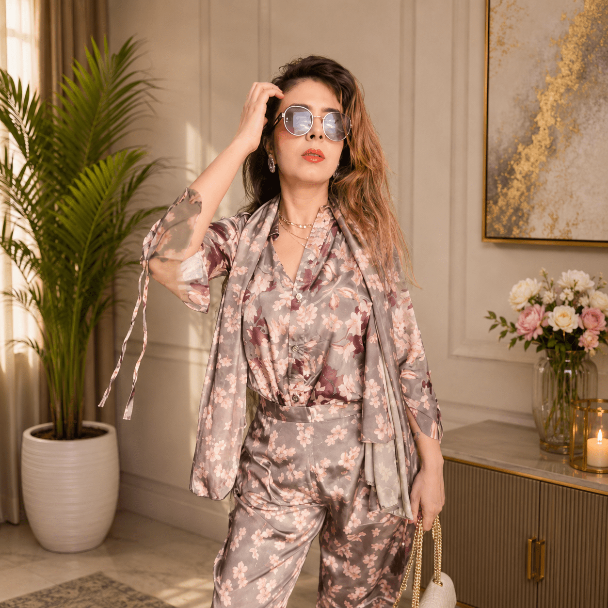 Luxe Satin Floral Printed Shirt & Trouser Set with Coordinating Scarf - Image 3