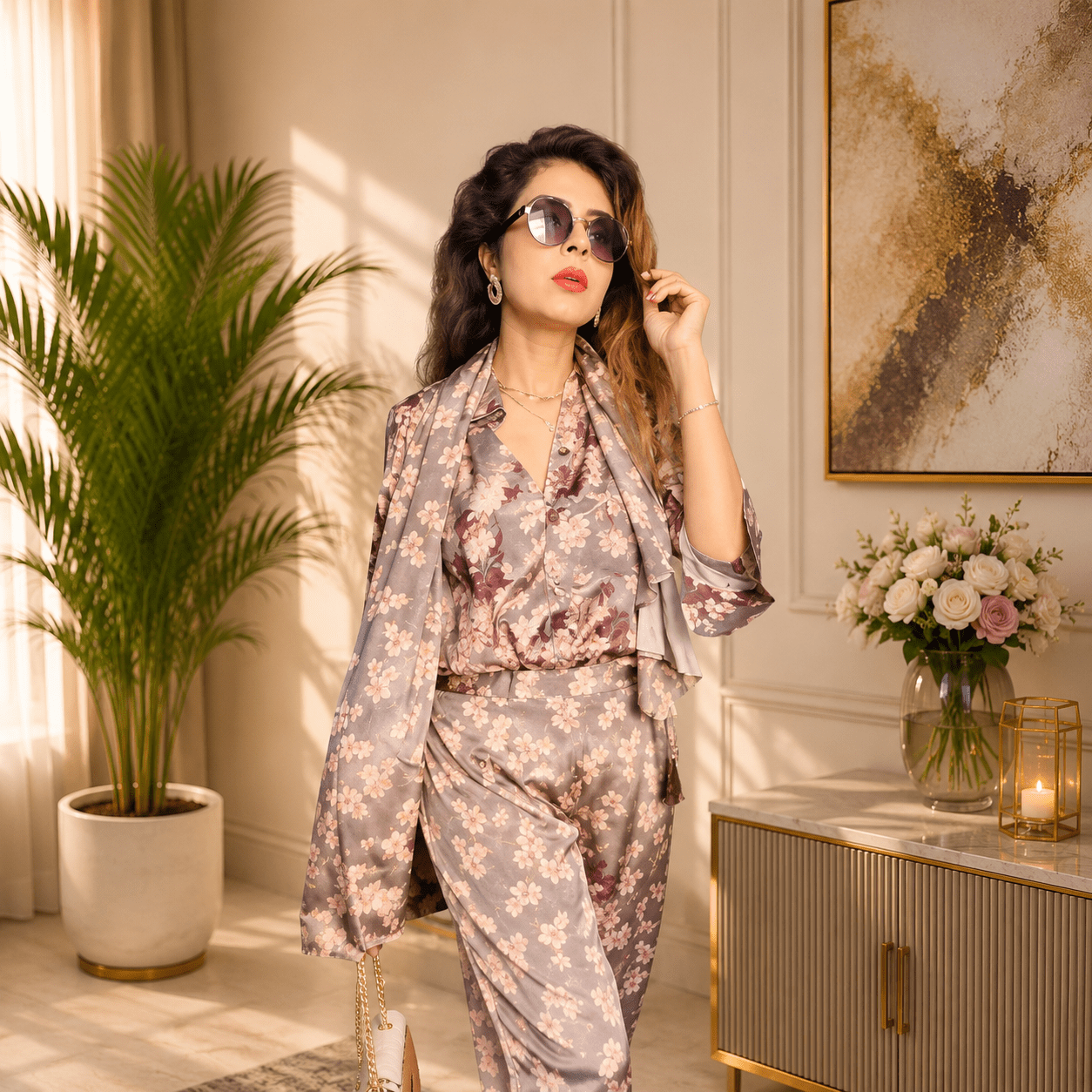 Luxe Satin Floral Printed Shirt & Trouser Set with Coordinating Scarf - Image 2