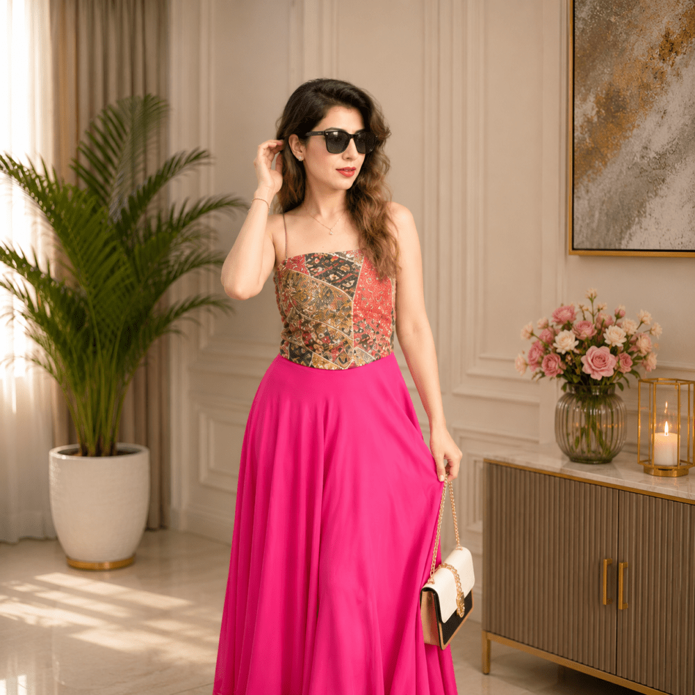 Pink Foil-Printed Strappy Crop Top and High-Waist Flared Skirt Set