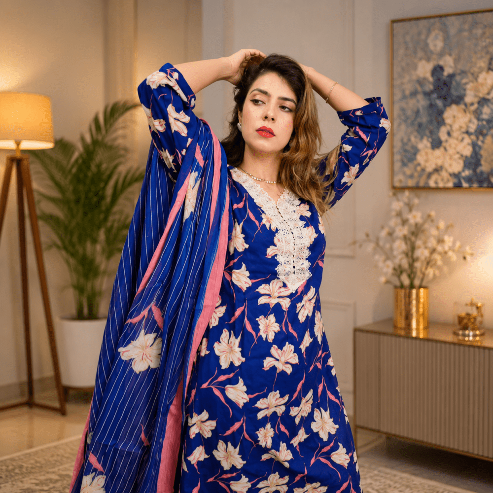 Women Navy Blue & Peach Floral Printed Regular Kurta with DupattaProduct