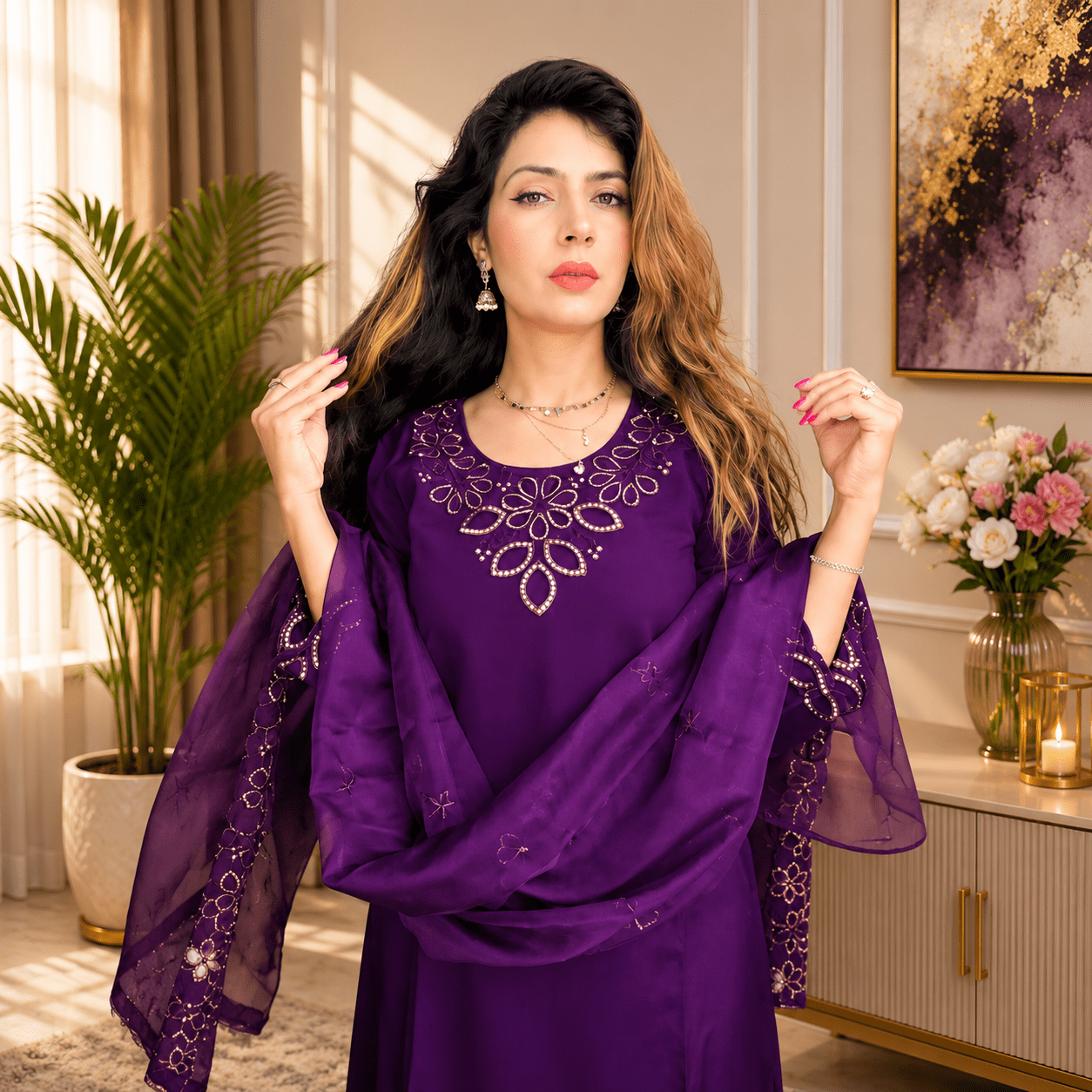 Title: Women Deep Purple Ethnic Motifs Embroidered Straight Kurta with Trousers & Dupatta - Image 3