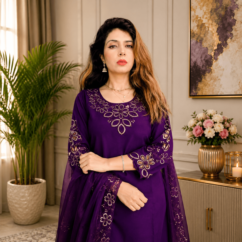 Title: Women Deep Purple Ethnic Motifs Embroidered Straight Kurta with Trousers & Dupatta