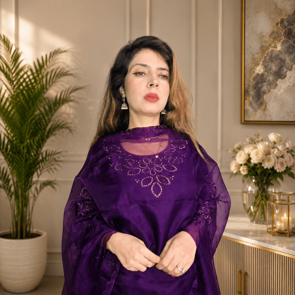 Title: Women Deep Purple Ethnic Motifs Embroidered Straight Kurta with Trousers & Dupatta - Image 2