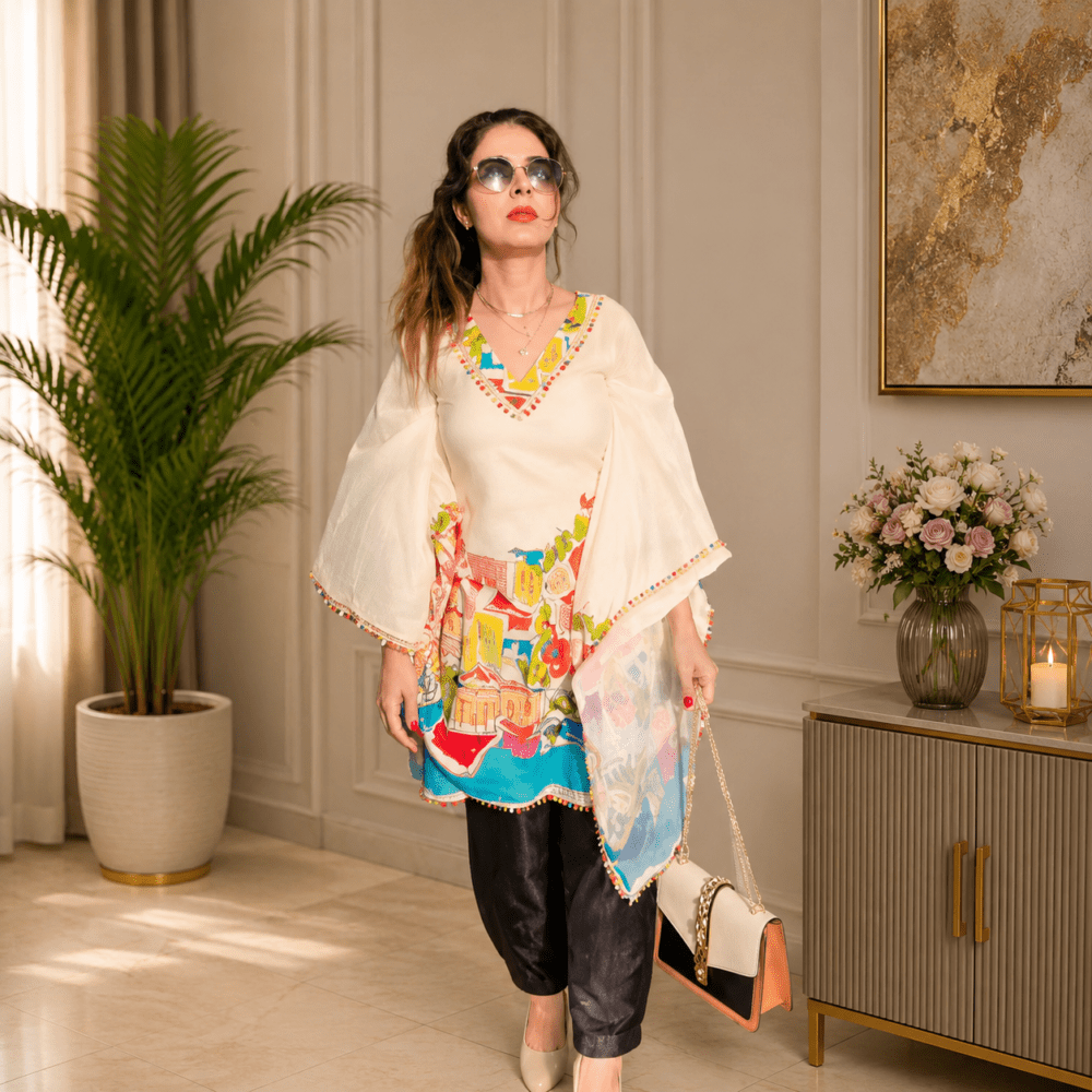 Women Off-White & Multicoloured Mediterranean Printed Satin Kaftan Dress
