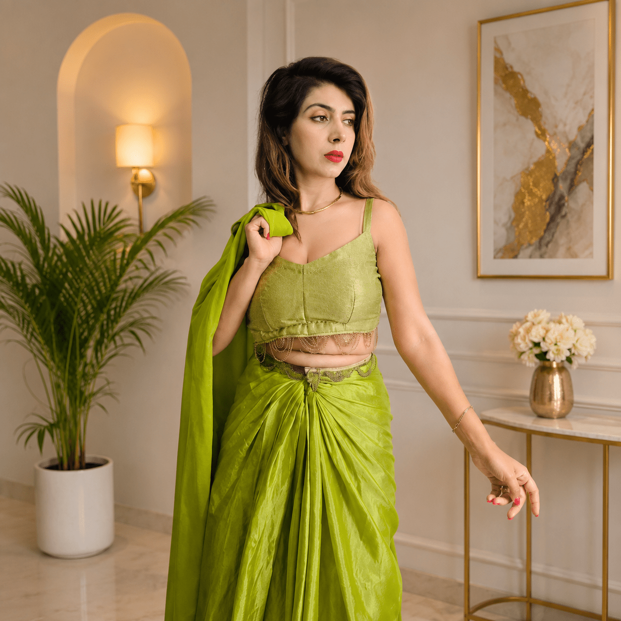 Lime Green Embroidered Crop Top with Draped Skirt & Longline Shrug