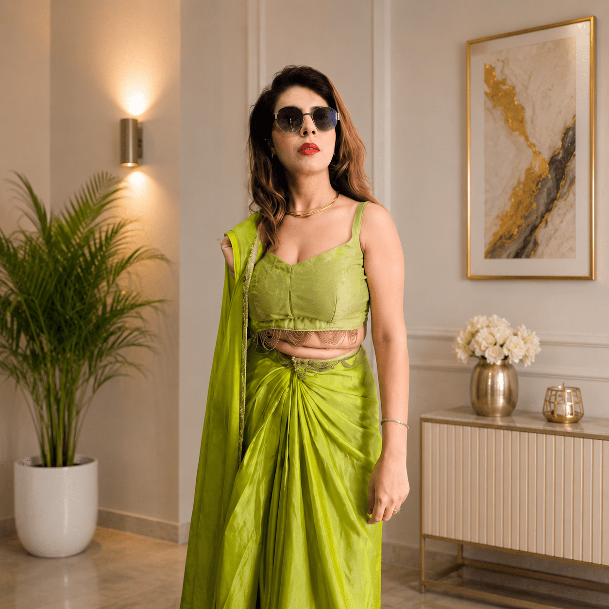 Lime Green Embroidered Crop Top with Draped Skirt & Longline Shrug - Image 2
