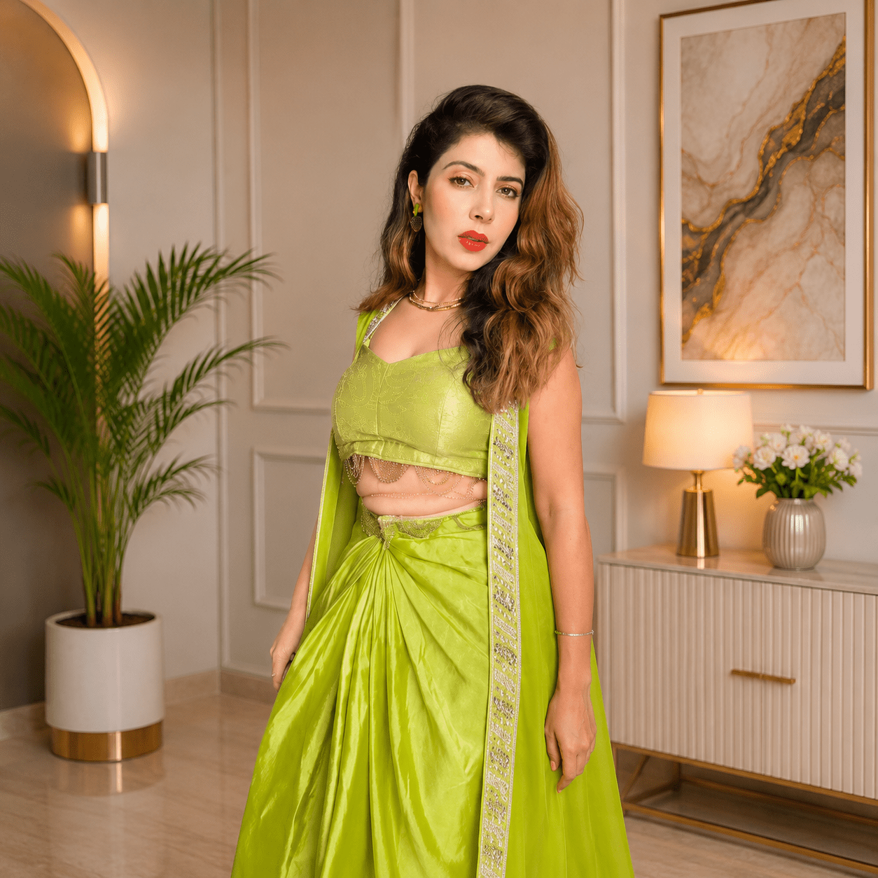 Lime Green Embroidered Crop Top with Draped Skirt & Longline Shrug - Image 3