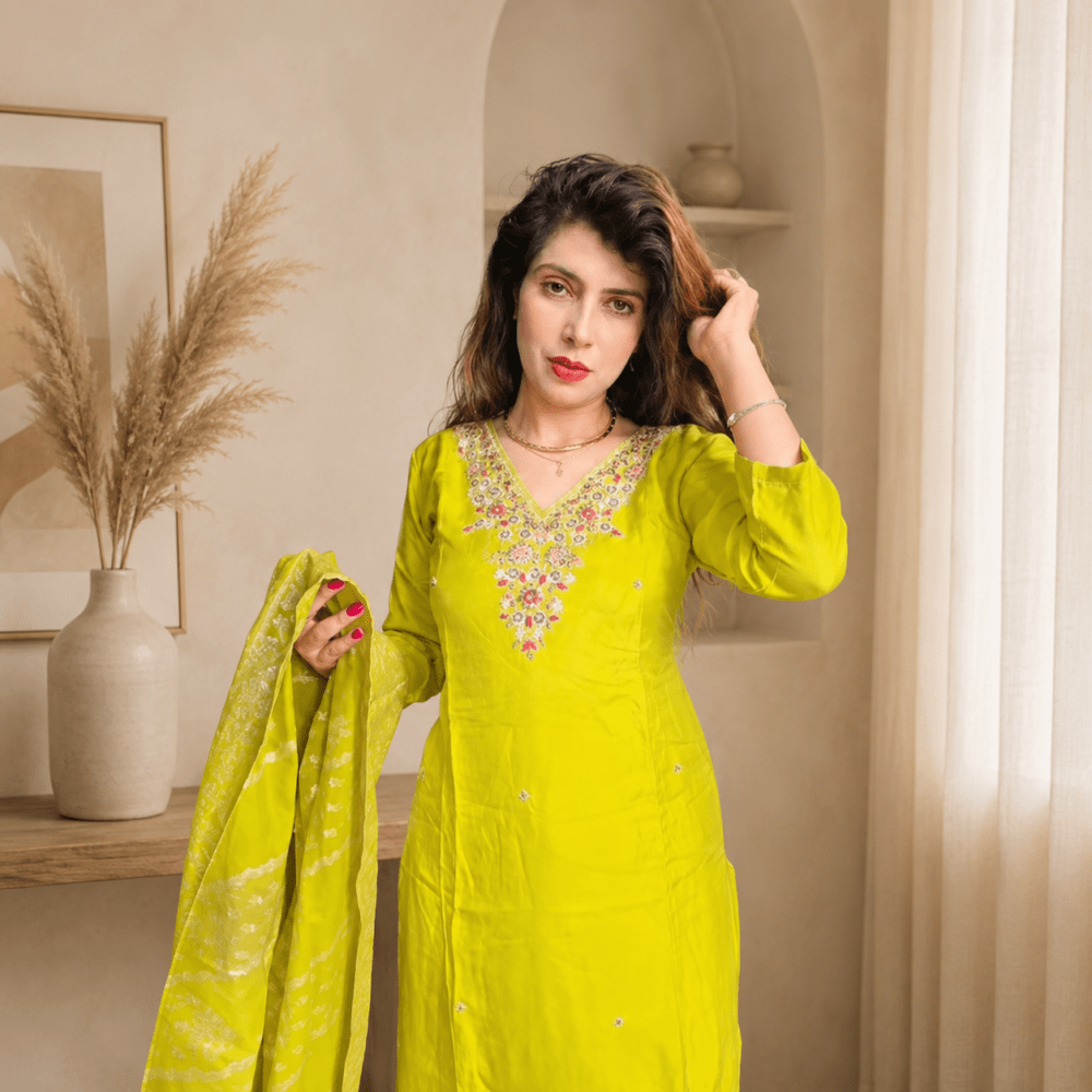 Women Lime Green Floral Yoke Embroidered Kurta with Trousers & Dupatta