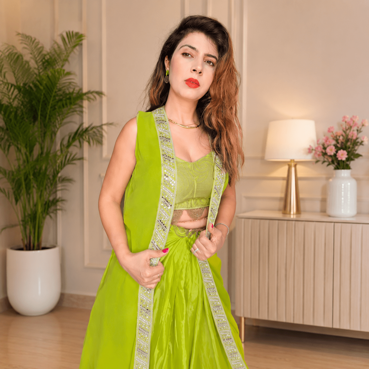 Lime Green Embroidered Crop Top with Draped Skirt & Longline Shrug - Image 4