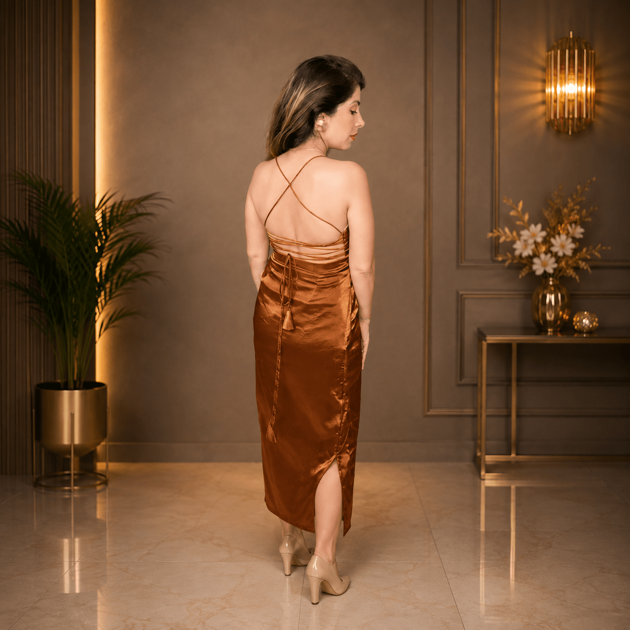 Metallic Copper-Toned Spaghetti Strap Maxi Dress - Image 3