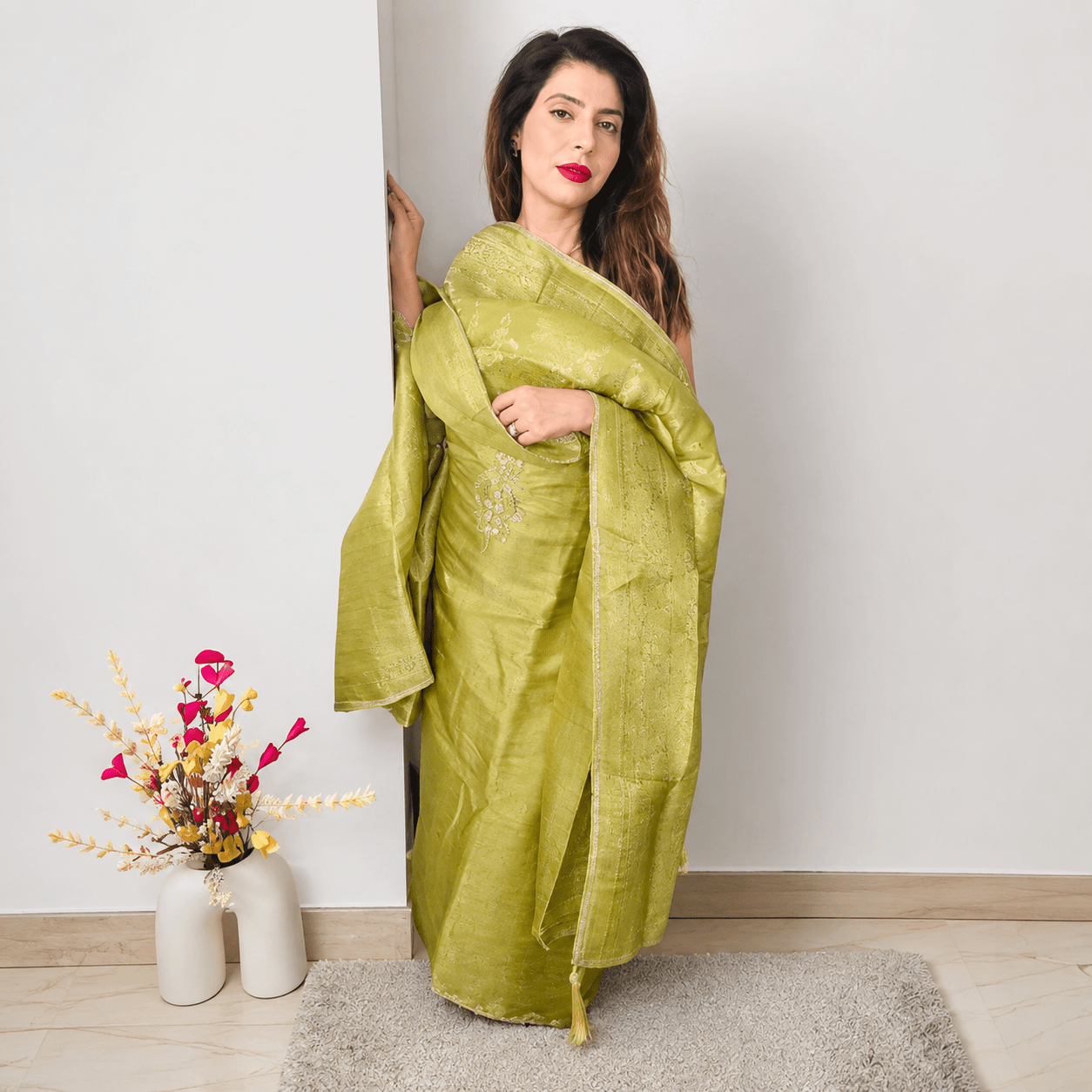Ethnic PlusWomen Lime Green & Gold-Toned Chanderi Silk Embroidered Unstitched Dress Material with Dupatta - Image 3