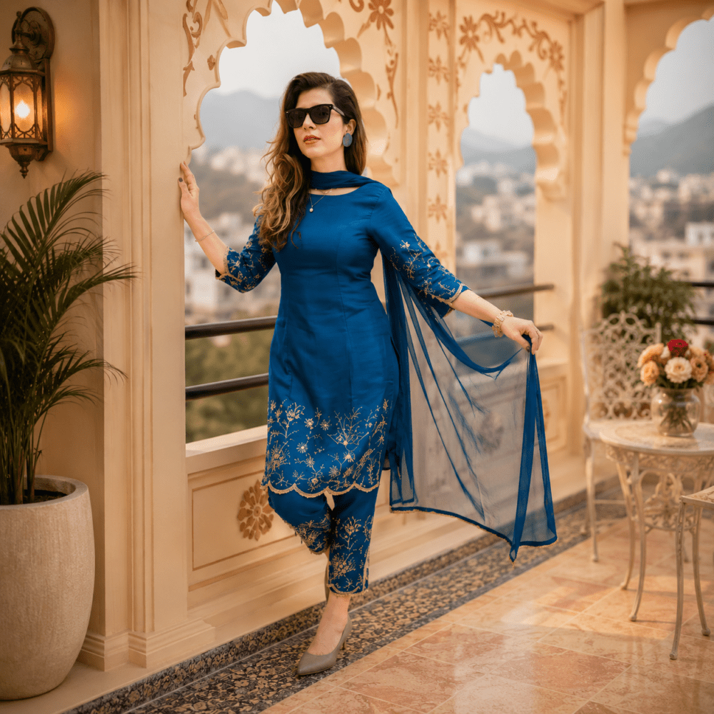 Women Teal Blue Ethnic Motifs Embroidered Chanderi Silk Kurta with Trousers & Dupatta