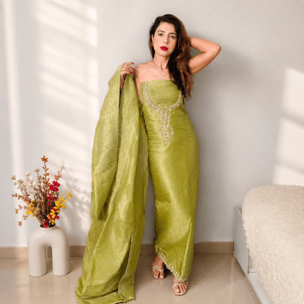 Ethnic PlusWomen Lime Green & Gold-Toned Chanderi Silk Embroidered Unstitched Dress Material with Dupatta