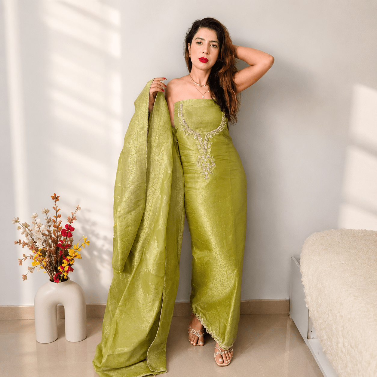 Ethnic PlusWomen Lime Green & Gold-Toned Chanderi Silk Embroidered Unstitched Dress Material with Dupatta