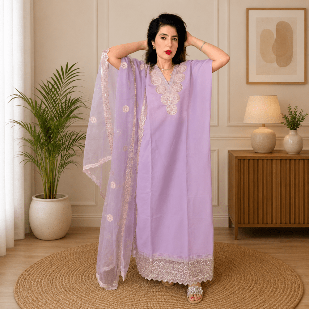 Ethnic VibesLavender Pure Chanderi Silk Unstitched dupatta suit with Embroidered V-Neck & Organza Dupatta Set
