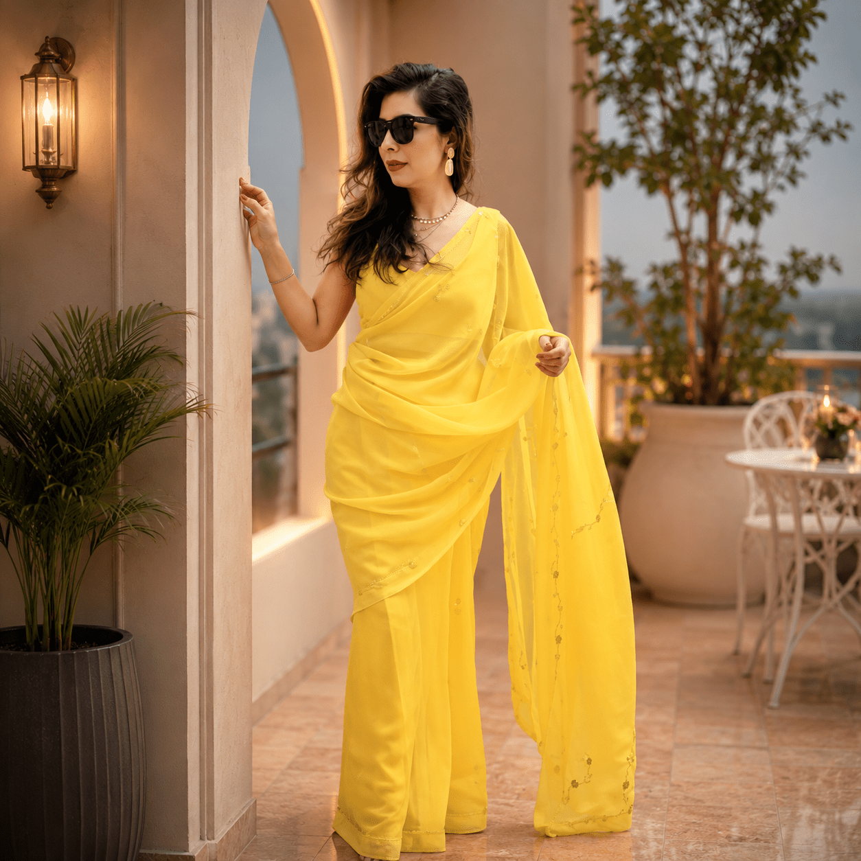Solid Lemon Yellow Poly Georgette Ready to wear Saree with Delicate Self-Design Border - Image 2