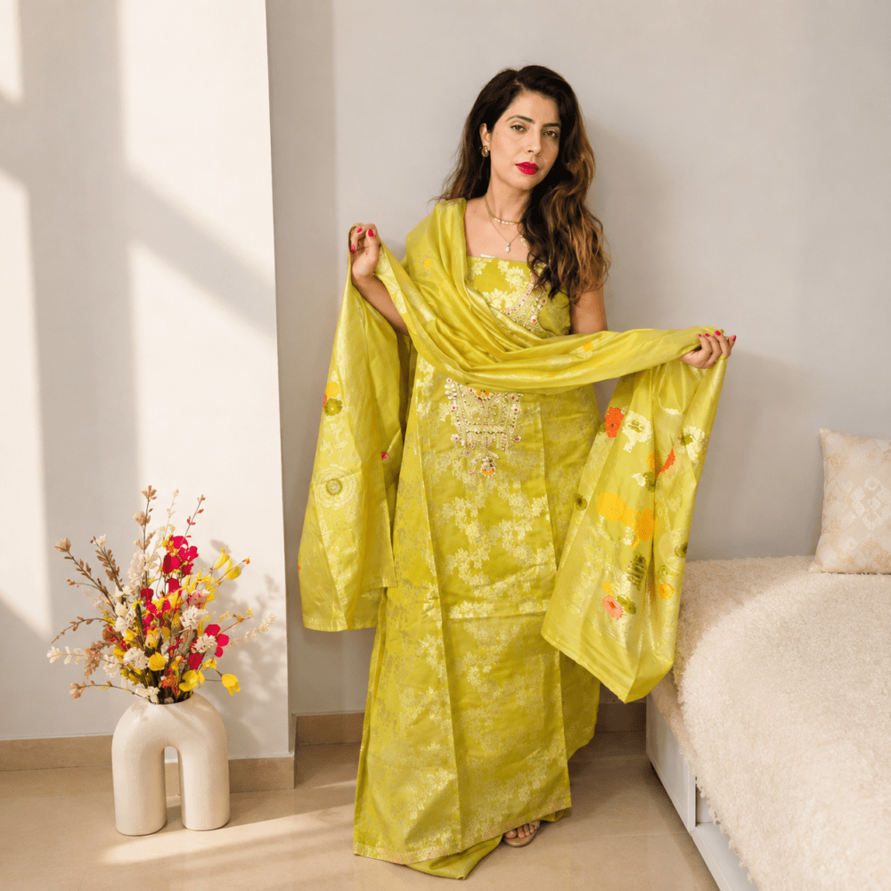 Yellow Chanderi Silk Blend Ethnic Motifs Woven Unstitched dpatra suit Material with Heavy Embroidered Neckline & Matching Dupatta