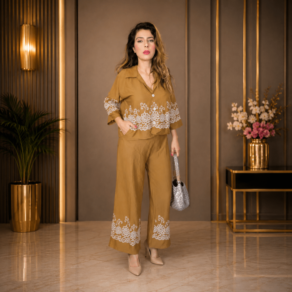 Women Mustard Green Embroidered Schiffli Co-ord Set