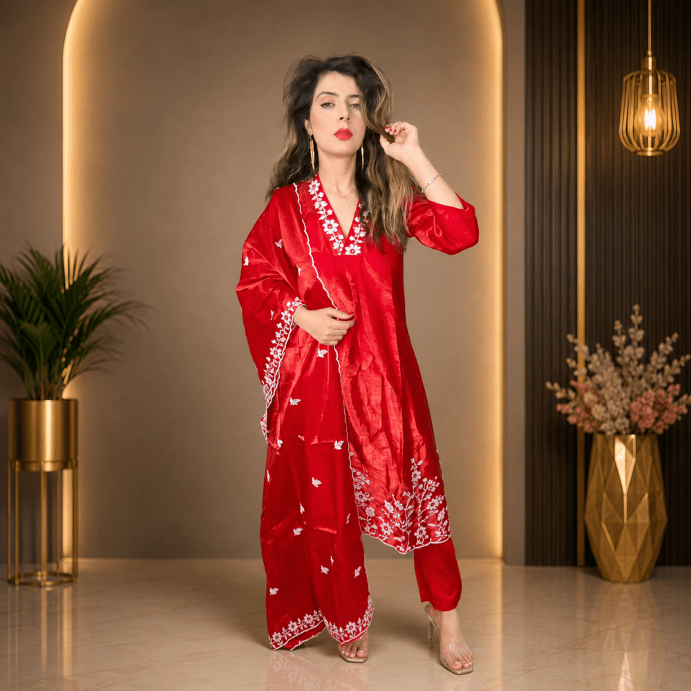 Women Red Floral Embroidered V-Neck A-Line Kurta with Trousers & Dupatta